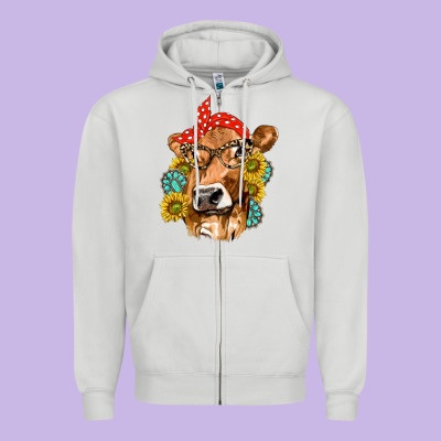 Western Cow With Sunflowers And Gemstone Zipper Hoodie Designed By Texasbilliewilder