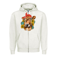Oatmeal Heather Western Cow with Sunflowers and Gemstone Zipper Hoodie - texasbilliewilder