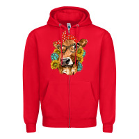 Red Western Cow with Sunflowers and Gemstone Zipper Hoodie - texasbilliewilder