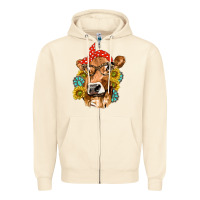 Sandshell Western Cow with Sunflowers and Gemstone Zipper Hoodie - texasbilliewilder