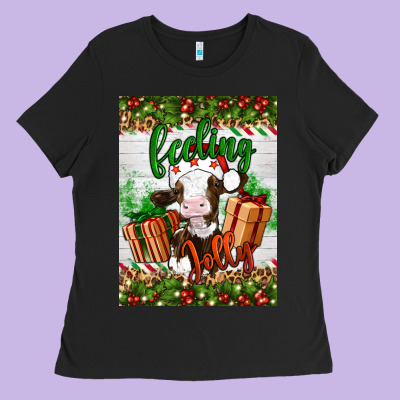 Christmas Feeling Jolly Cow Ladies Tee Designed By Artiststas