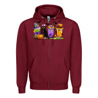 Burgundy Halloween Cat Coffee Cups Zipper Hoodie - texasbilliewilder