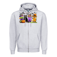Heather Grey Halloween Cat Coffee Cups Zipper Hoodie - texasbilliewilder