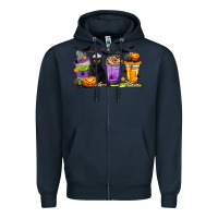 Navy Halloween Cat Coffee Cups Zipper Hoodie - texasbilliewilder