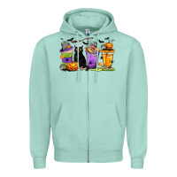 Seafoam Halloween Cat Coffee Cups Zipper Hoodie - texasbilliewilder