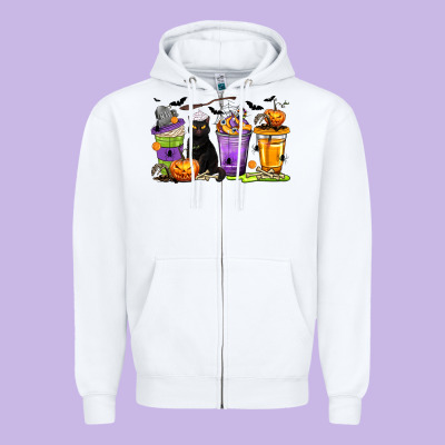 Halloween Cat Coffee Cups Zipper Hoodie Designed By Texasbilliewilder