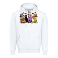White Halloween Cat Coffee Cups Zipper Hoodie - texasbilliewilder