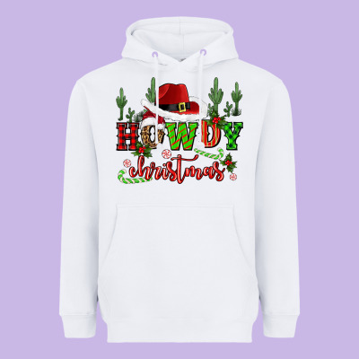 Howdy Christmas Cowboy Hat Heavyweight Hoodie Designed By Cowgirlartshop