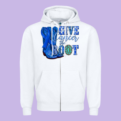 Give Cancer The Boot Colon Cancer Blue Ribbon Nca Zipper Hoodie Designed By Nancycooperartshop