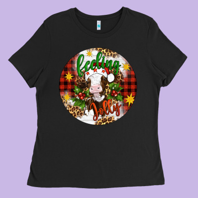 Christmas Feeling Jolly Cow Ornament Ladies Tee Designed By Artiststas