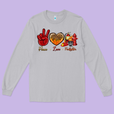 Peace Love Firefighter Long Sleeve Tee Designed By Bundleandbundleshop