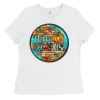 White hello pumpkin earrings Ladies Tee - BundleAndBundleShop