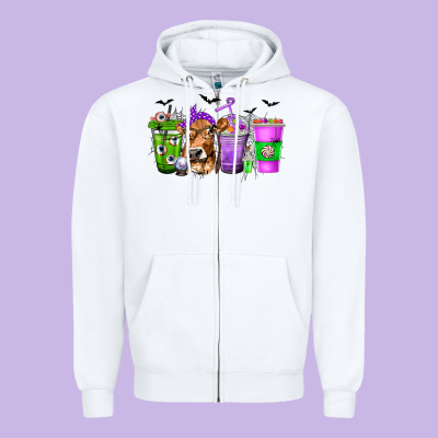 Coffee Cups With Cow And Halloween Zipper Hoodie Designed By Texasbilliewilder