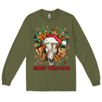 Army Green Merry Christmas With Bull skull Long Sleeve Tee - BundleAndBundleShop