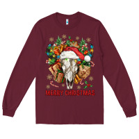 Burgundy Merry Christmas With Bull skull Long Sleeve Tee - BundleAndBundleShop