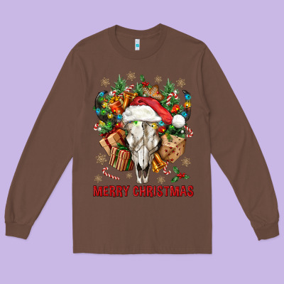 Merry Christmas With Bull Skull Long Sleeve Tee Designed By Bundleandbundleshop