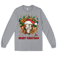 Heather Grey Merry Christmas With Bull skull Long Sleeve Tee - BundleAndBundleShop