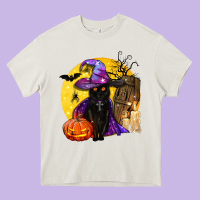 Black Witch Cat Coffin And Moon Heavy Core Tee Designed By Bundleandbundleshop