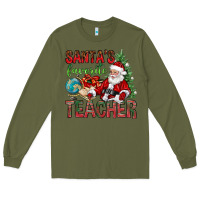 Army Green Santa's Favorite Teacher Long Sleeve Tee - BundleAndBundleShop