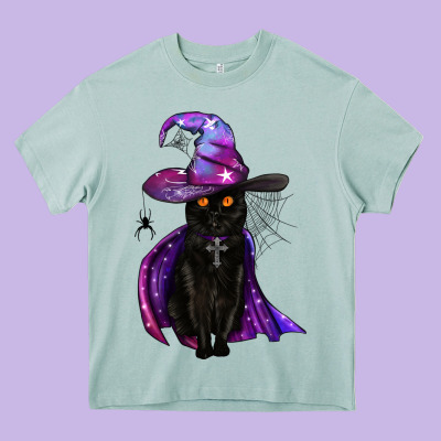 Black Witch Cat Heavy Core Tee Designed By Bundleandbundleshop