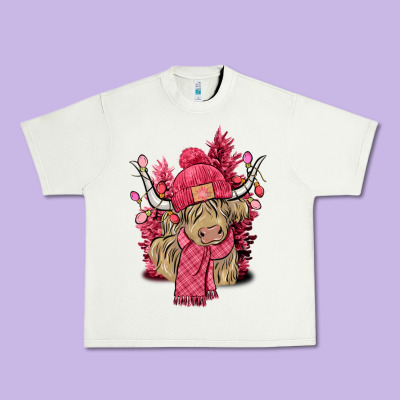 Pink Winter Long Haired Cow Urban Heavy Tee Designed By Nancycooperartshop