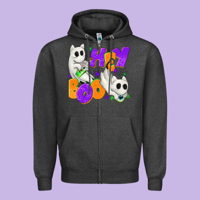 Hey Boo With Ghost Cats Zipper Hoodie Designed By Texasbilliewilder
