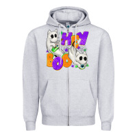 Heather Grey Hey Boo with Ghost Cats Zipper Hoodie - texasbilliewilder