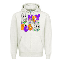 Oatmeal Heather Hey Boo with Ghost Cats Zipper Hoodie - texasbilliewilder
