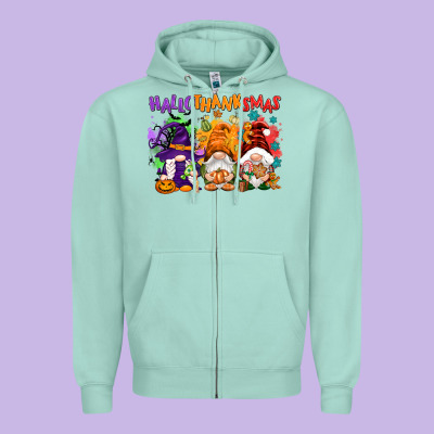 Hallothanksmas Gnomes Zipper Hoodie Designed By Nancycooperartshop