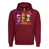 Burgundy Happy Hallothanksmas wine glass and coffee Zipper Hoodie - NancyCooperArtShop