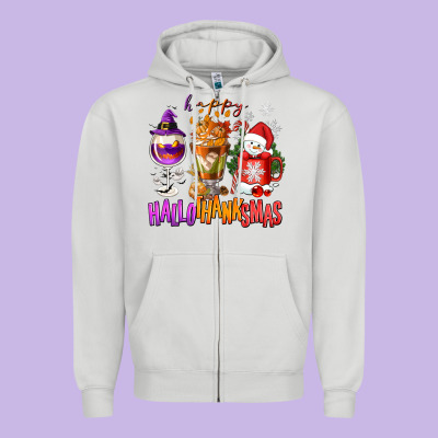 Happy Hallothanksmas Wine Glass And Coffee Zipper Hoodie Designed By Nancycooperartshop