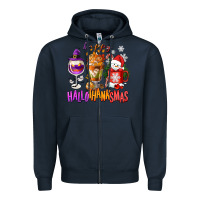 Navy Happy Hallothanksmas wine glass and coffee Zipper Hoodie - NancyCooperArtShop