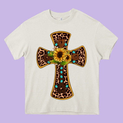 Leopard Gemstone Sunflower Cross Heavy Core Tee Designed By Jahusdesignshop