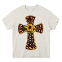 Cream leopard gemstone sunflower cross Heavy Core Tee - JahusDesignShop