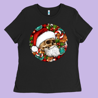 Christmas Hippie Skeleton Santa Ornament Ladies Tee Designed By Artiststas