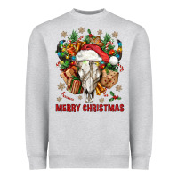 Heather Grey Merry Christmas With Bull skull Heavyweight Sweatshirt - BundleAndBundleShop