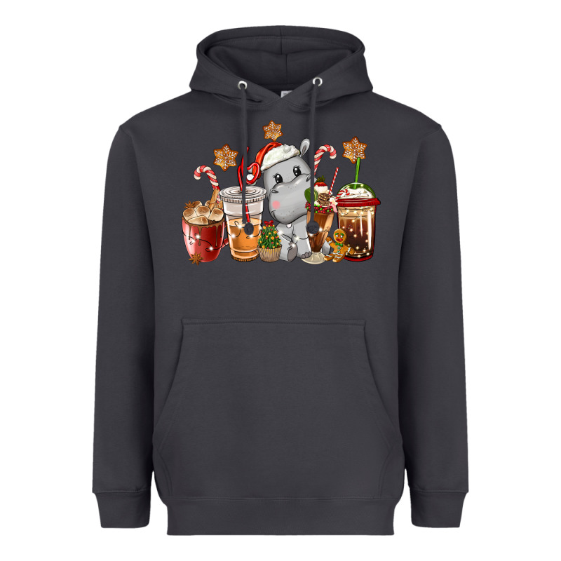 Hippopotamus Coffee Cups Christmas Heavyweight Hoodie by CowGirlArtShop | Teevron