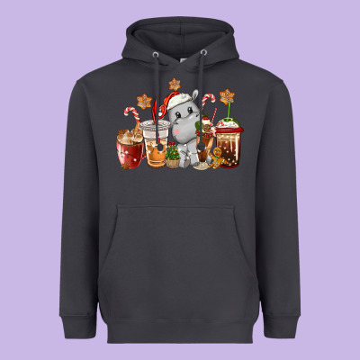 Hippopotamus Coffee Cups Christmas Heavyweight Hoodie Designed By Cowgirlartshop