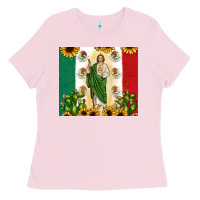 Bubblegum Pink San Judas with Mexican Flag Ladies Tee - JahusDesignShop