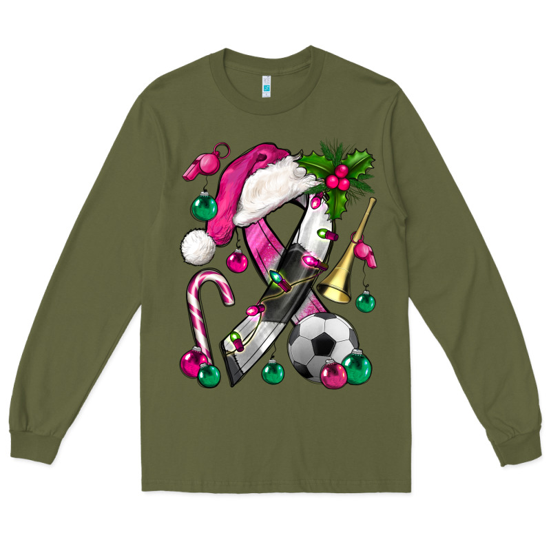 Pink Christmas Breast Cancer Ribbon Soccer Long Sleeve Tee by BundleAndBundleShop | Teevron