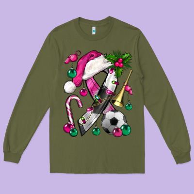 Pink Christmas Breast Cancer Ribbon Soccer Long Sleeve Tee Designed By Bundleandbundleshop