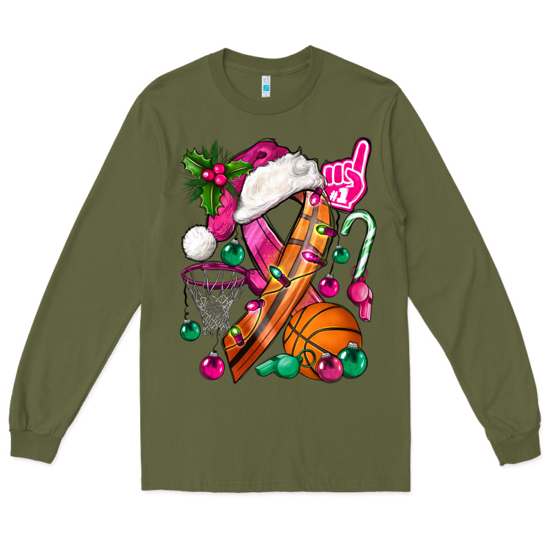 Pink Christmas Breast Cancer Ribbon Basketball Long Sleeve Tee by BundleAndBundleShop | Teevron