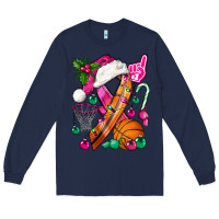 Navy Pink Christmas Breast Cancer Ribbon Basketball Long Sleeve Tee - BundleAndBundleShop