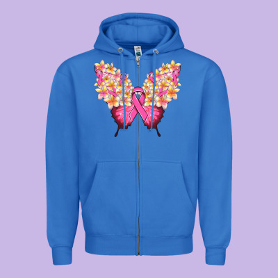 Pink Ribbon Breast Cancer Butterfly Zipper Hoodie Designed By Nancycooperartshop