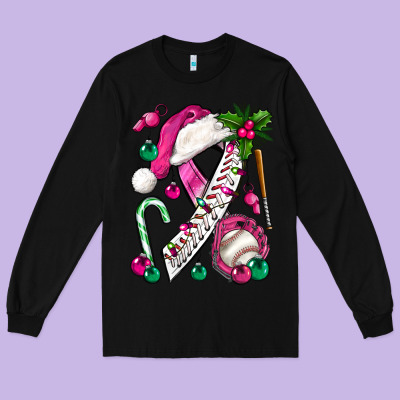 Pink Christmas Breast Cancer Ribbon Baseball Long Sleeve Tee Designed By Bundleandbundleshop