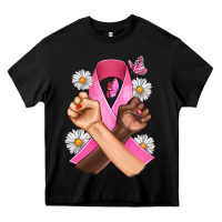 Black Breast Cancer Fist Daisy Butterfly Heavy Core Tee - Artiststas