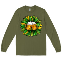Army Green St. Patricks Sunflower With Beer Long Sleeve Tee - BundleAndBundleShop