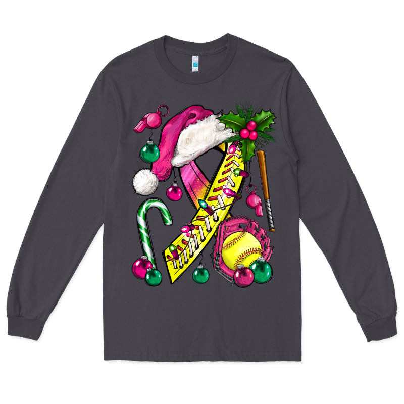 Pink Christmas Breast Cancer Ribbon Softball Long Sleeve Tee by BundleAndBundleShop | Teevron