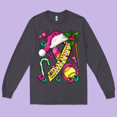 Pink Christmas Breast Cancer Ribbon Softball Long Sleeve Tee Designed By Bundleandbundleshop