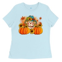 Baby Blue fall scarecrow with pumpkins Ladies Tee - Artiststas